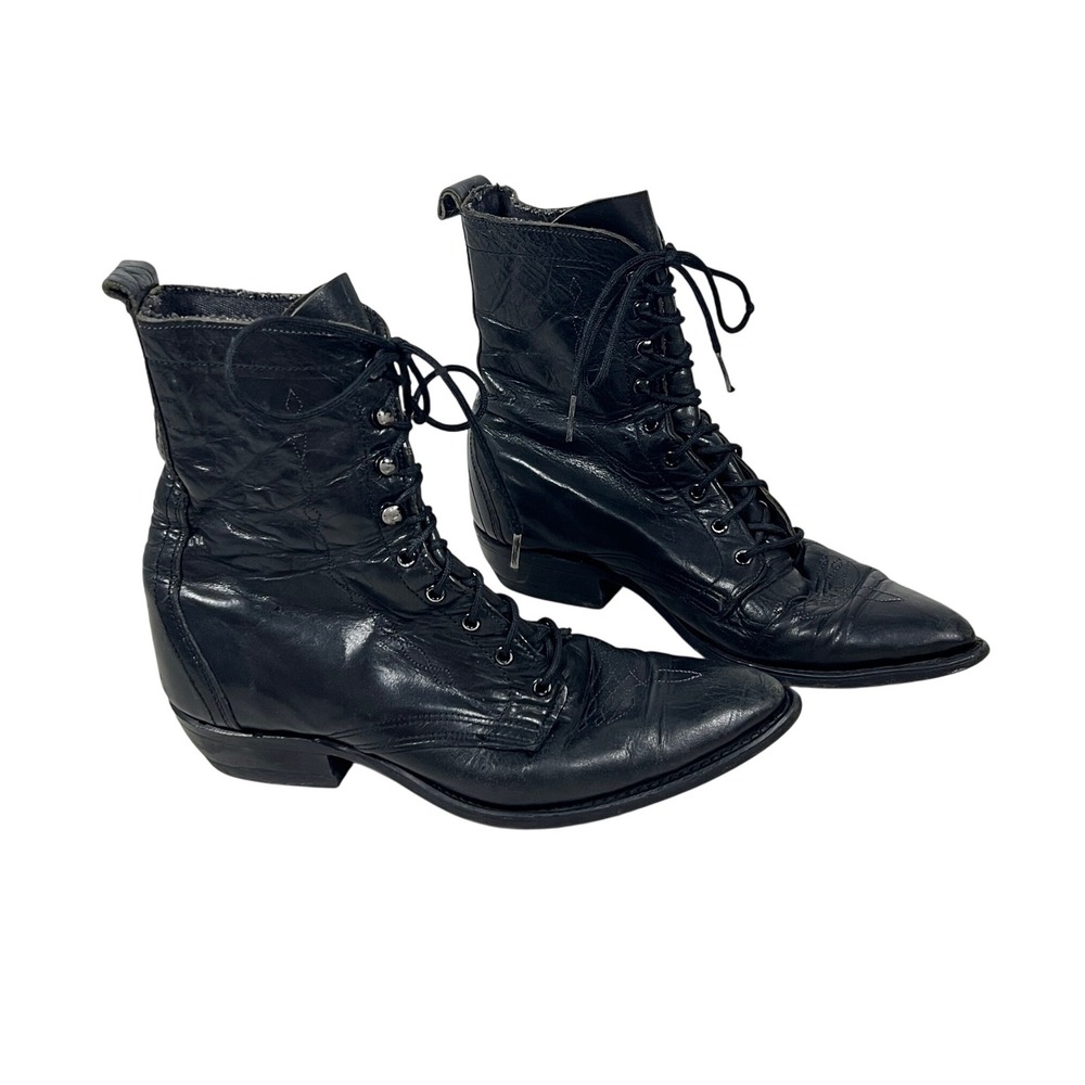 Code West Western Cowgirl Black Leather Lace Up‎ Pointed Toe Ankle Boots 5.5